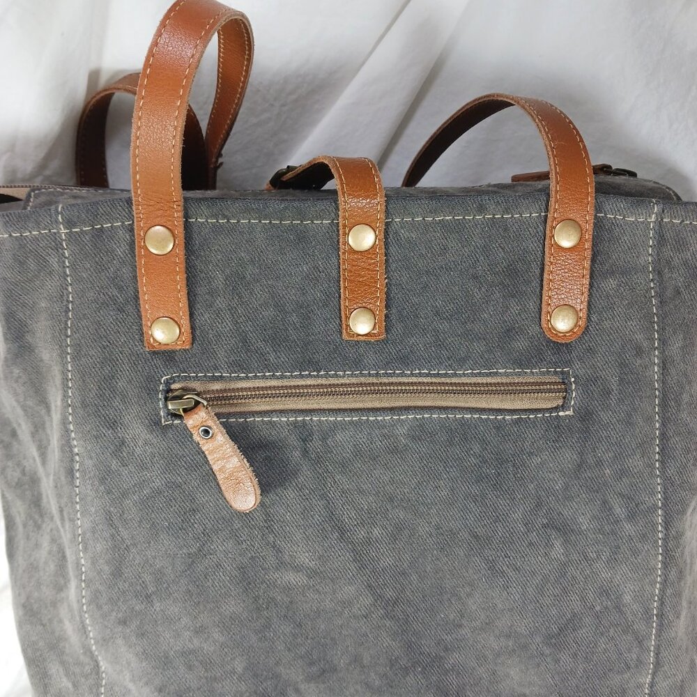 Myra Bag Dk Brown White Cowhide Gray Canvas Tooled Leather Shoulder Bag Zip 16" - Picture 5 of 13